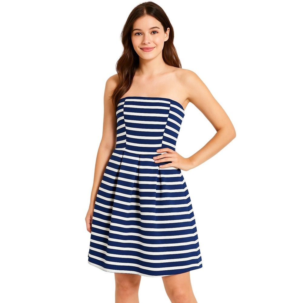 Gap Strapless Dress 2 Blue White Striped Pleated Fit Flare Short Length‎ Classic